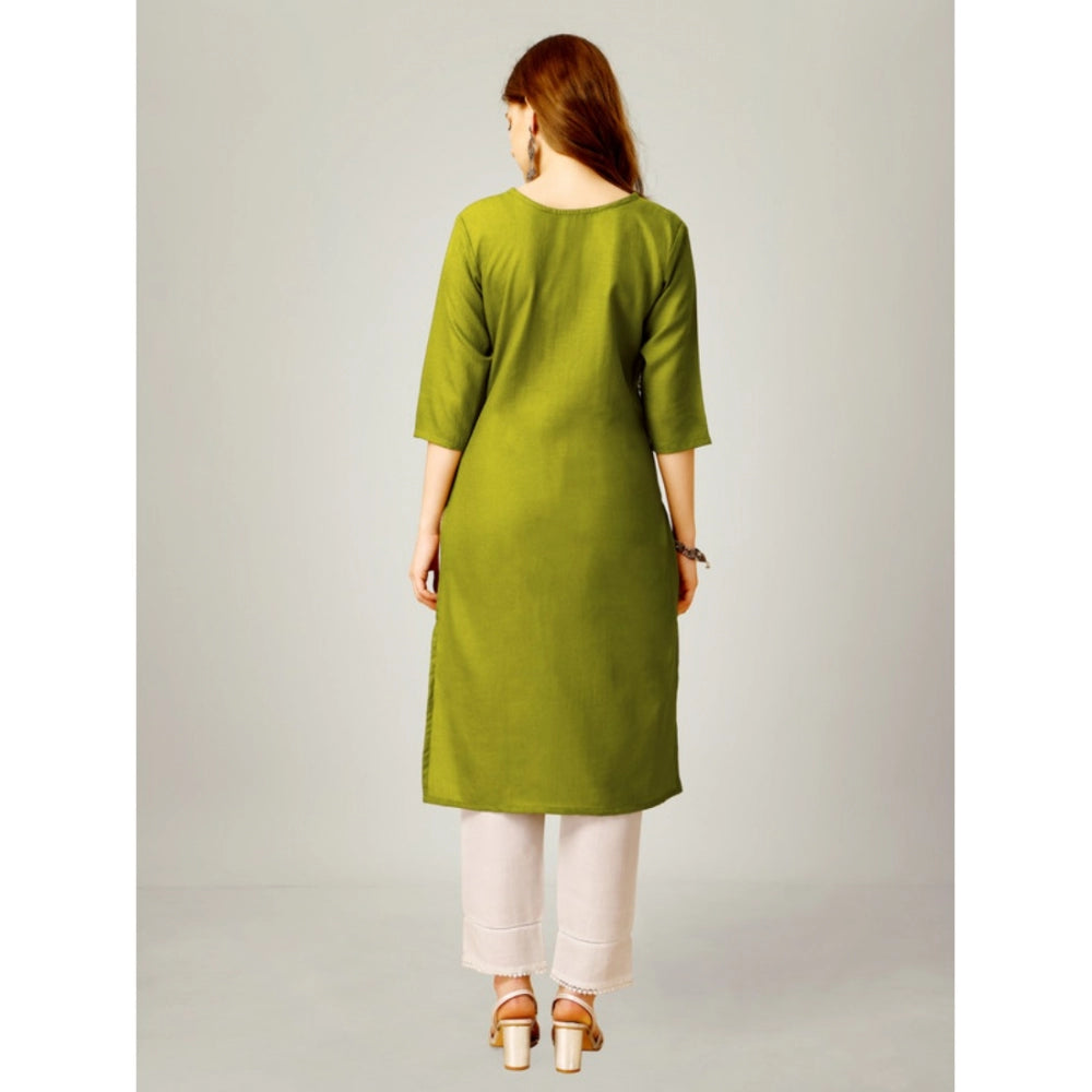 Women's Casual 3-4 th Sleeve Embroidery Cotton Kurti Pant Set (Green)