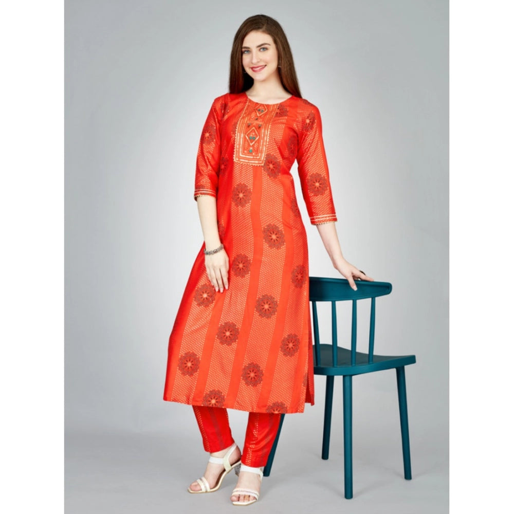 Women's Casual 3-4 th Sleeve Embroidery Rayon Kurti Pant Set (Orange)