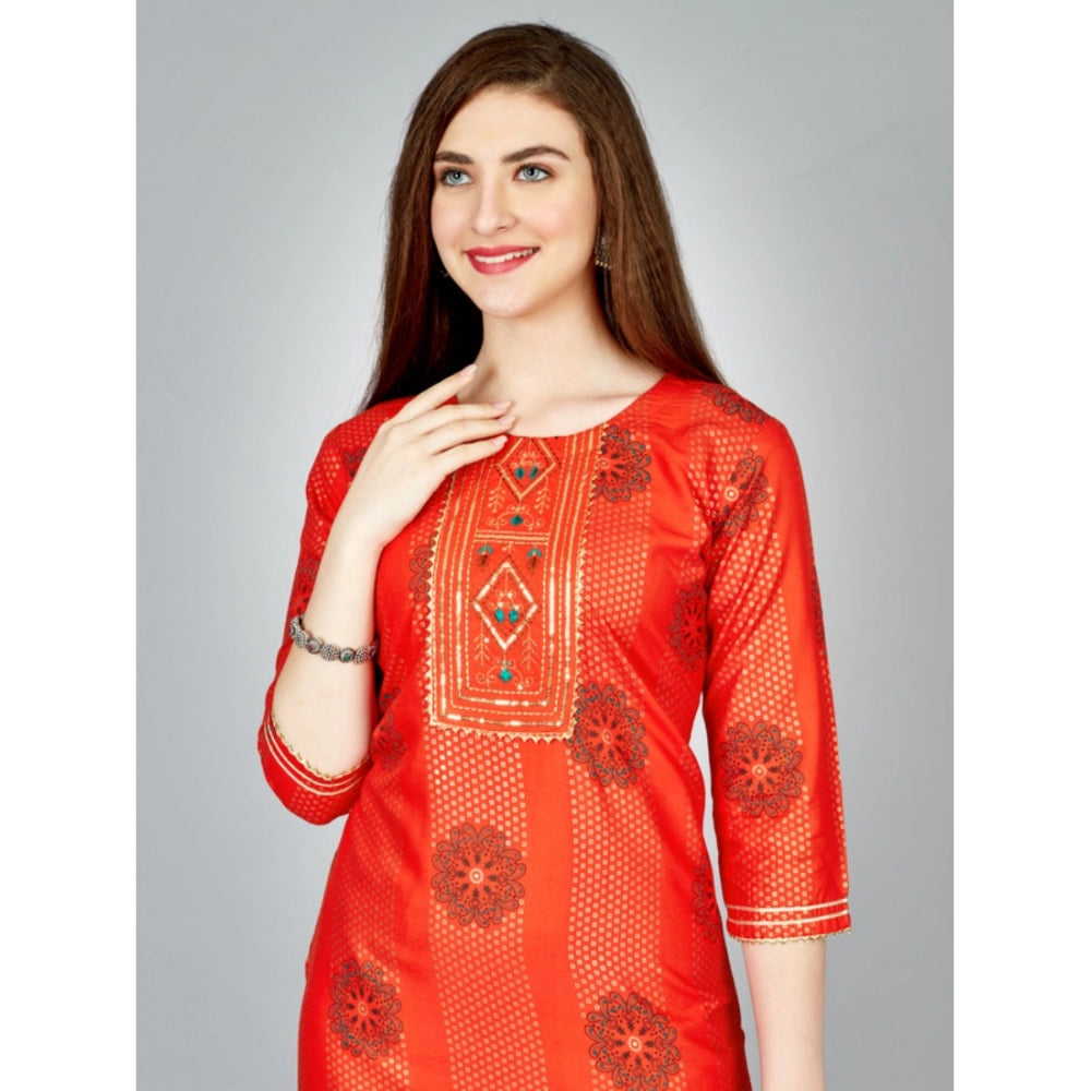 Women's Casual 3-4 th Sleeve Embroidery Rayon Kurti Pant Set (Orange)