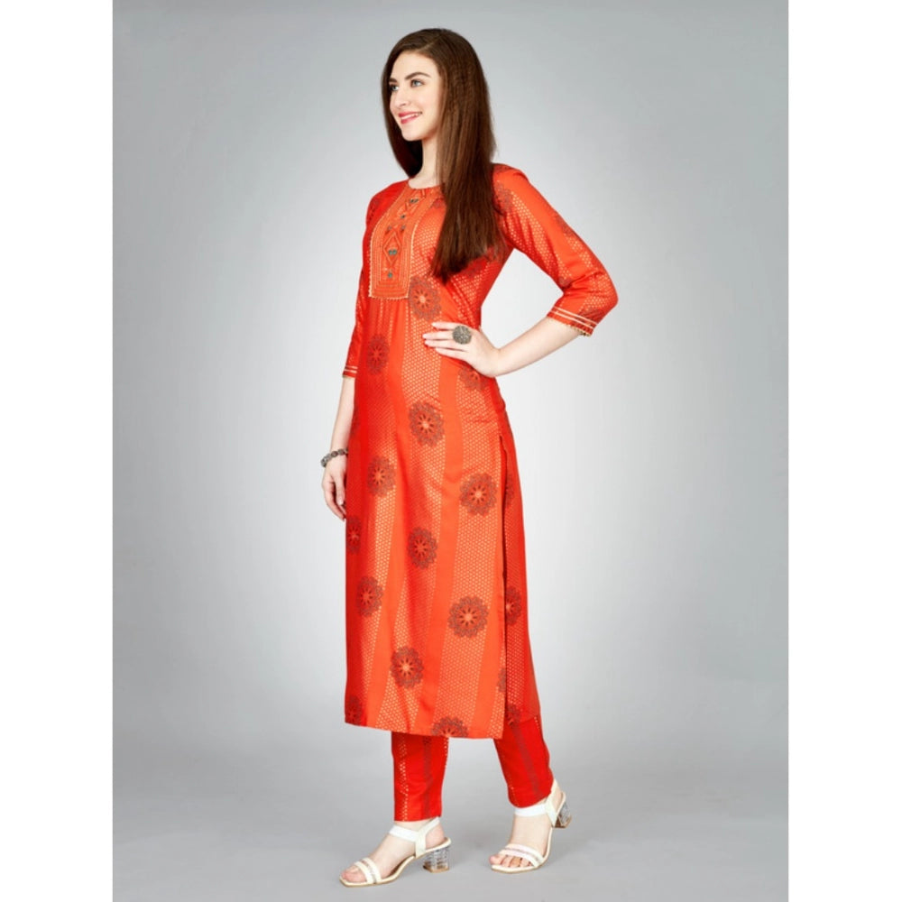 Women's Casual 3-4 th Sleeve Embroidery Rayon Kurti Pant Set (Orange)