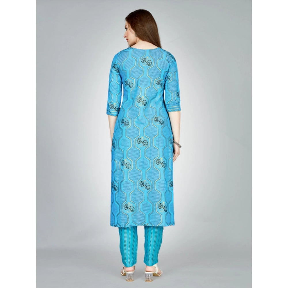 Women's Casual 3-4 th Sleeve Embroidery Rayon Kurti Pant Set (Light Blue)