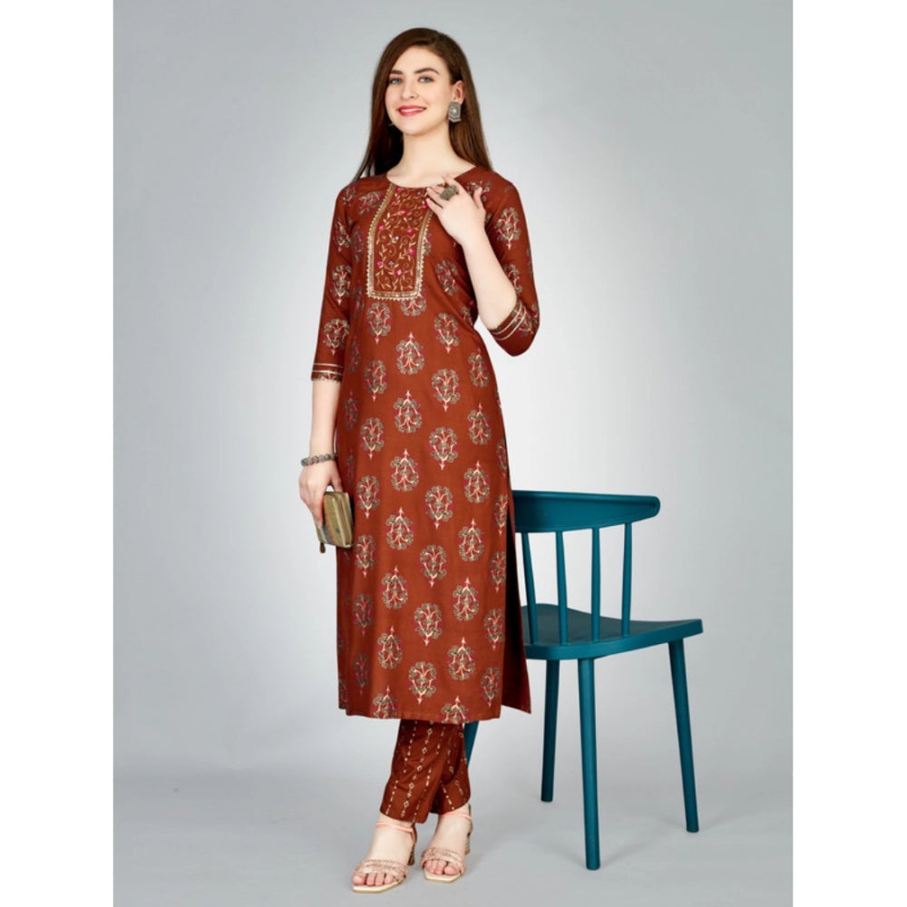 Women's Casual 3-4 th Sleeve Embroidery Rayon Kurti Pant Set (Brown)