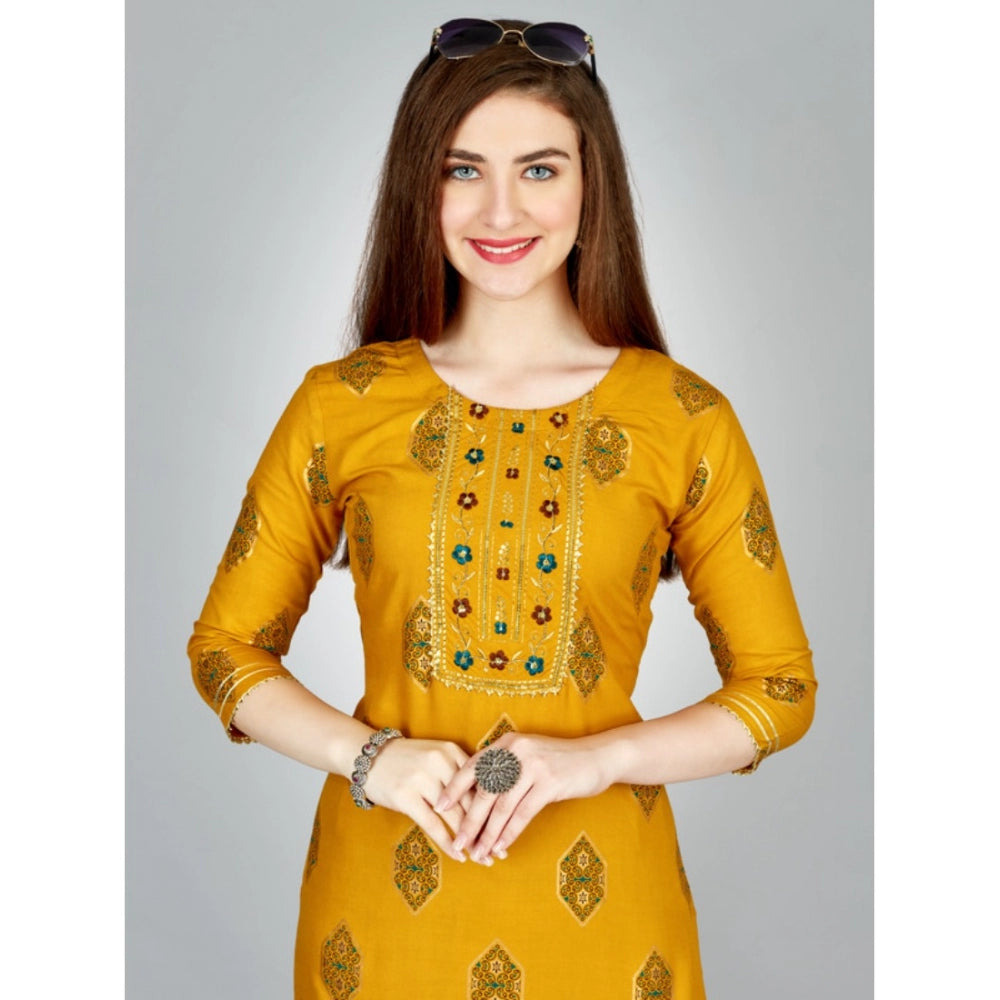 Women's Casual 3-4 th Sleeve Embroidery Rayon Kurti Pant Set (Yellow)