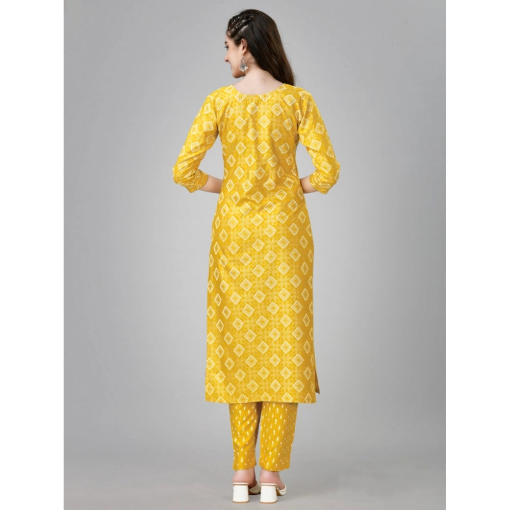 Women's Casual 3-4 th Sleeve Embroidery Rayon Kurti Pant Set (Yellow)