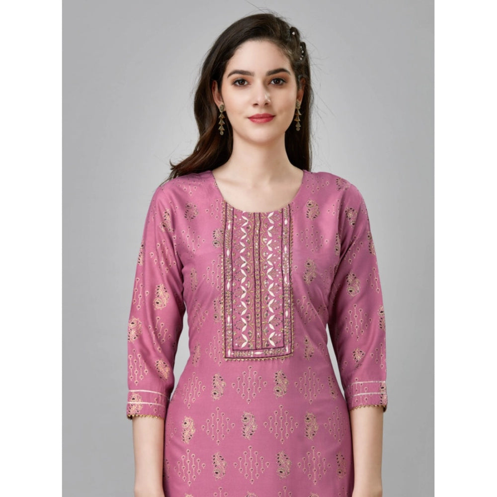 Women's Casual 3-4 th Sleeve Embroidery Rayon Kurti Pant Set (Purple)