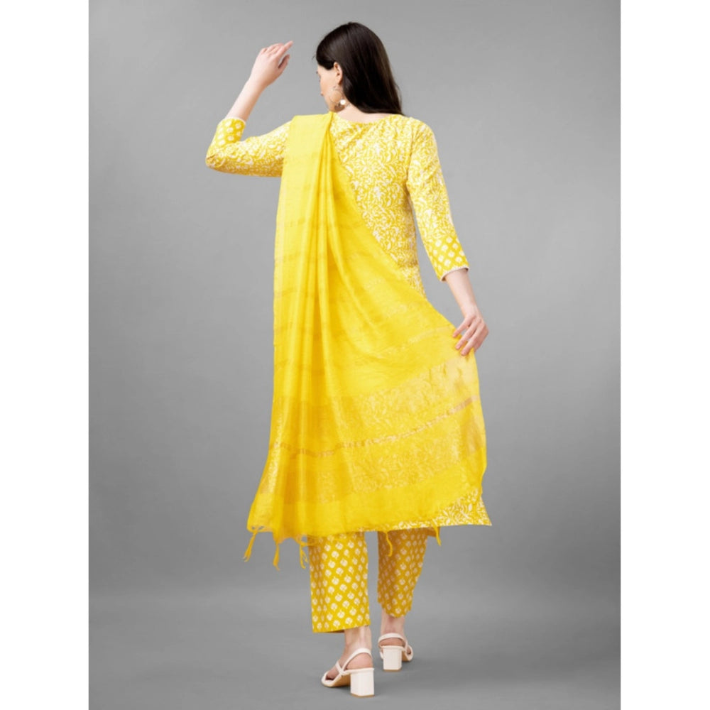 Women's Casual 3-4 th Sleeve Embroidery Rayon Kurti Pant Dupatta Set (Yellow)