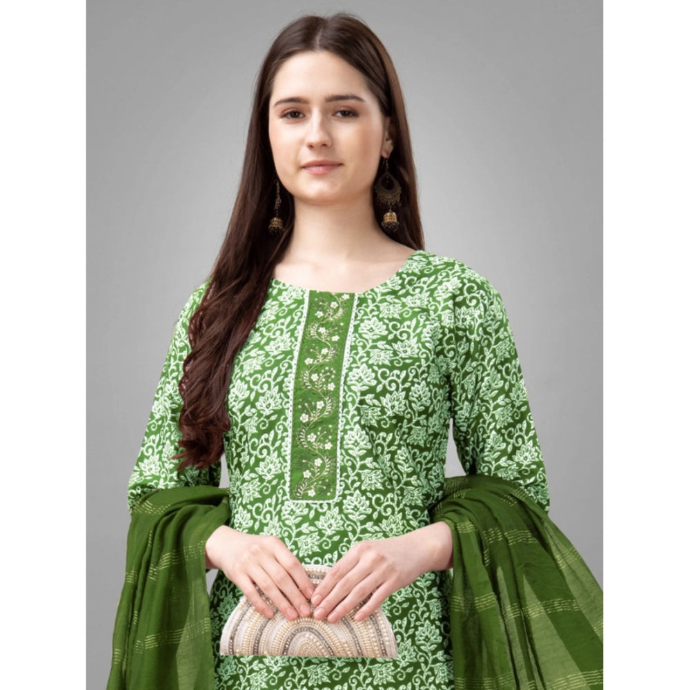 Women's Casual 3-4 th Sleeve Embroidery Rayon Kurti Pant Dupatta Set (Green)