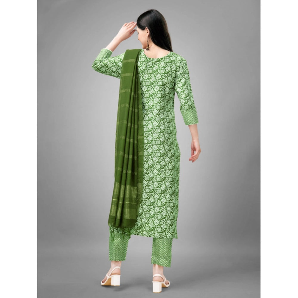 Women's Casual 3-4 th Sleeve Embroidery Rayon Kurti Pant Dupatta Set (Green)