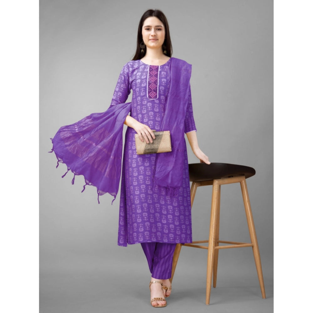 Women's Casual 3-4 th Sleeve Embroidery Rayon Kurti Pant Dupatta Set (Purple)