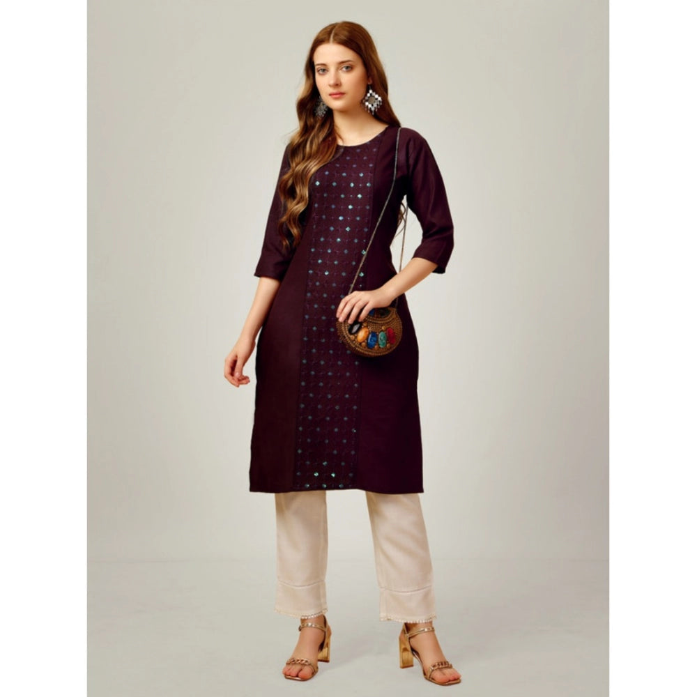 Women's Casual 3-4 th Sleeve Embroidery Cotton Kurti Pant Set (Purple)