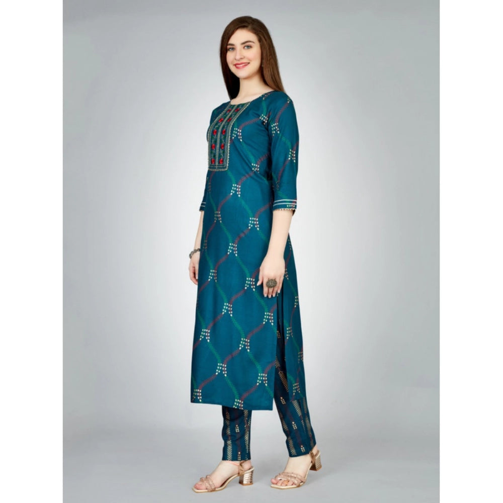 Women's Casual 3-4 th Sleeve Embroidery Rayon Kurti Pant Set (Dark Blue)