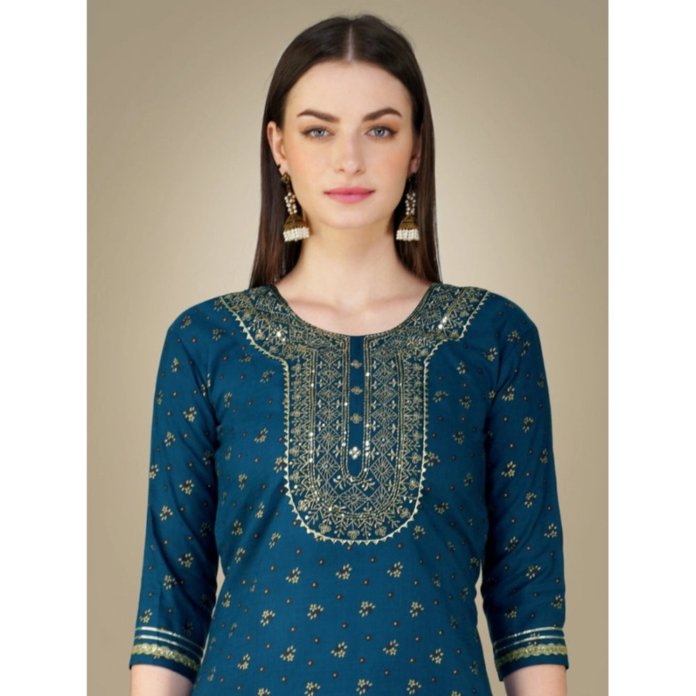 Women's Casual 3-4 th Sleeve Embroidery Cotton Kurti Pant Dupatta Set (Blue )