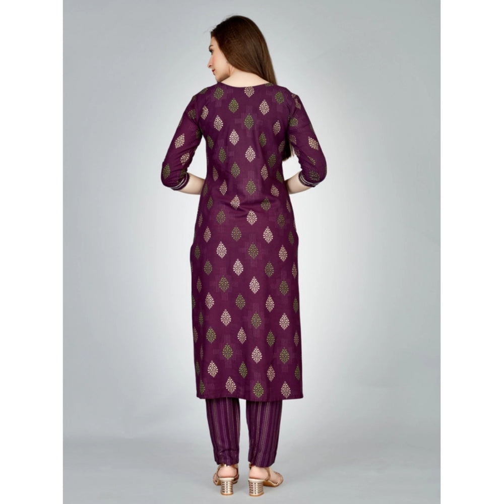 Women's Casual 3-4 th Sleeve Embroidery Rayon Kurti Pant Set (Purple)