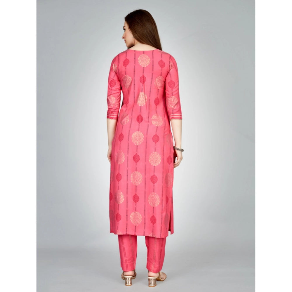 Women's Casual 3-4 th Sleeve Embroidery Rayon Kurti Pant Set (Pink)