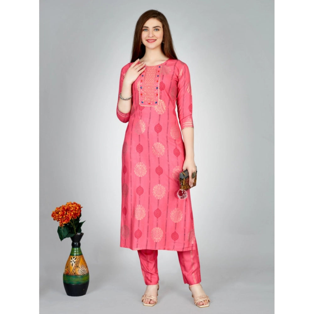 Women's Casual 3-4 th Sleeve Embroidery Rayon Kurti Pant Set (Pink)