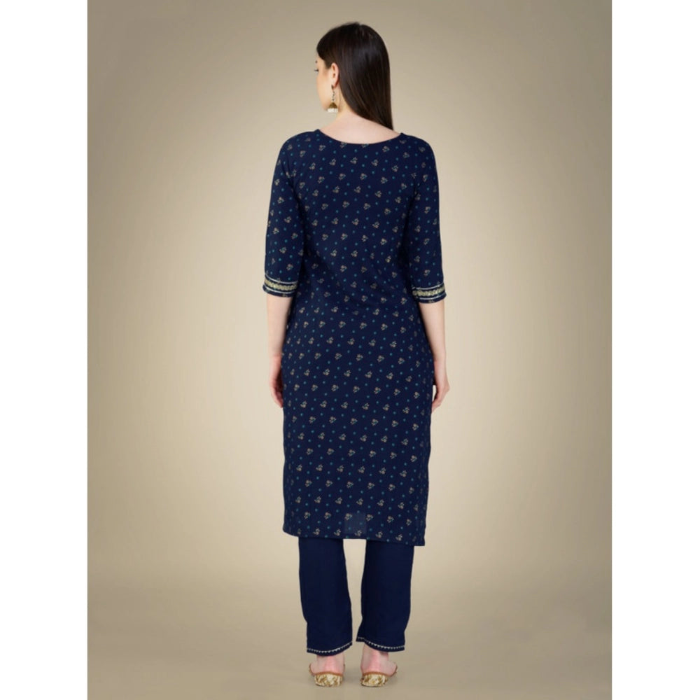 Women's Casual 3-4 th Sleeve Embroidery Cotton Kurti Pant Dupatta Set (Dark Blue)