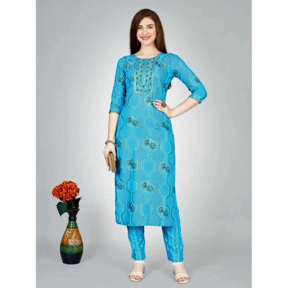 Women's Casual 3-4 th Sleeve Embroidery Rayon Kurti Pant Set (Light Blue)