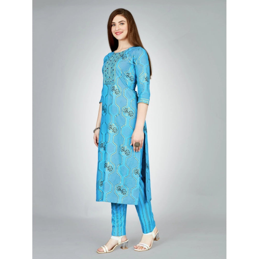 Women's Casual 3-4 th Sleeve Embroidery Rayon Kurti Pant Set (Light Blue)