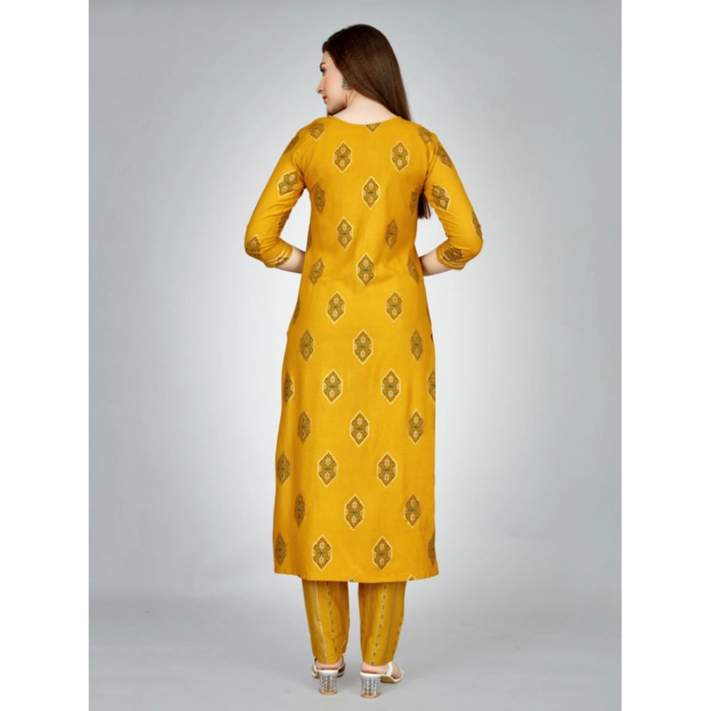 Women's Casual 3-4 th Sleeve Embroidery Rayon Kurti Pant Set (Yellow)