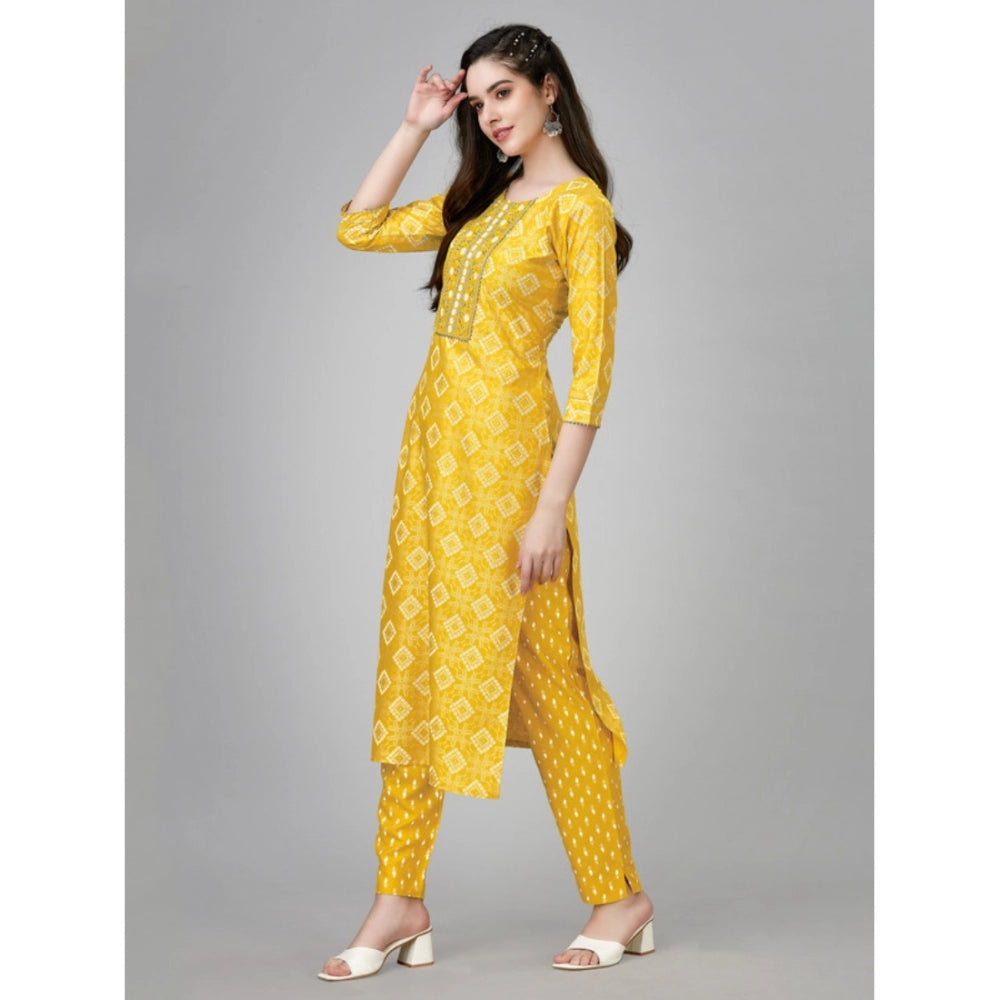 Women's Casual 3-4 th Sleeve Embroidery Rayon Kurti Pant Set (Yellow)