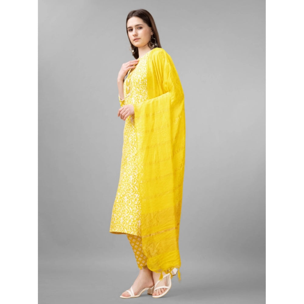 Women's Casual 3-4 th Sleeve Embroidery Rayon Kurti Pant Dupatta Set (Yellow)