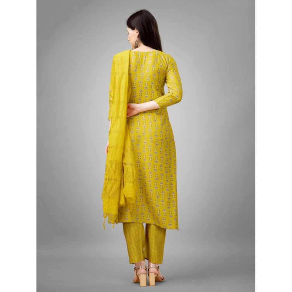 Women's Casual 3-4 th Sleeve Embroidery Rayon Kurti Pant Dupatta Set (Yellow)