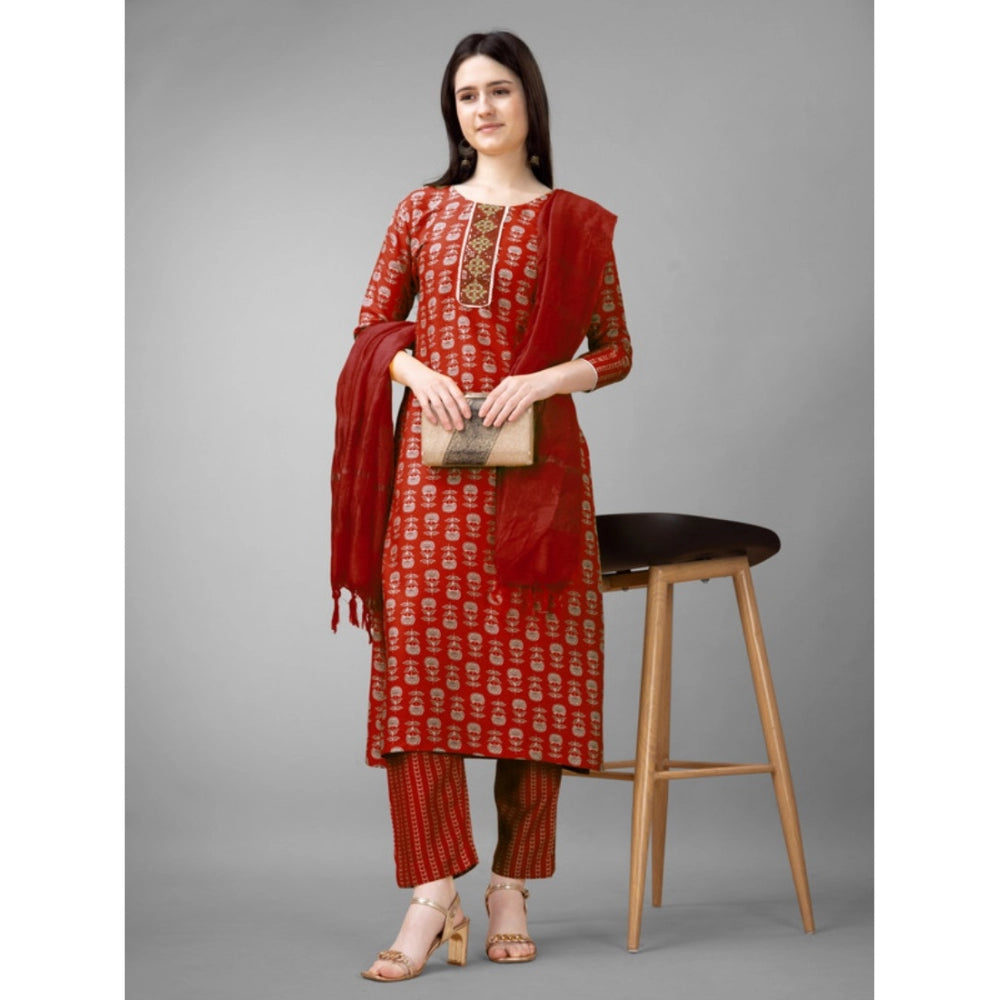 Women's Casual 3-4 th Sleeve Embroidery Rayon Kurti Pant Dupatta Set (Maroon)