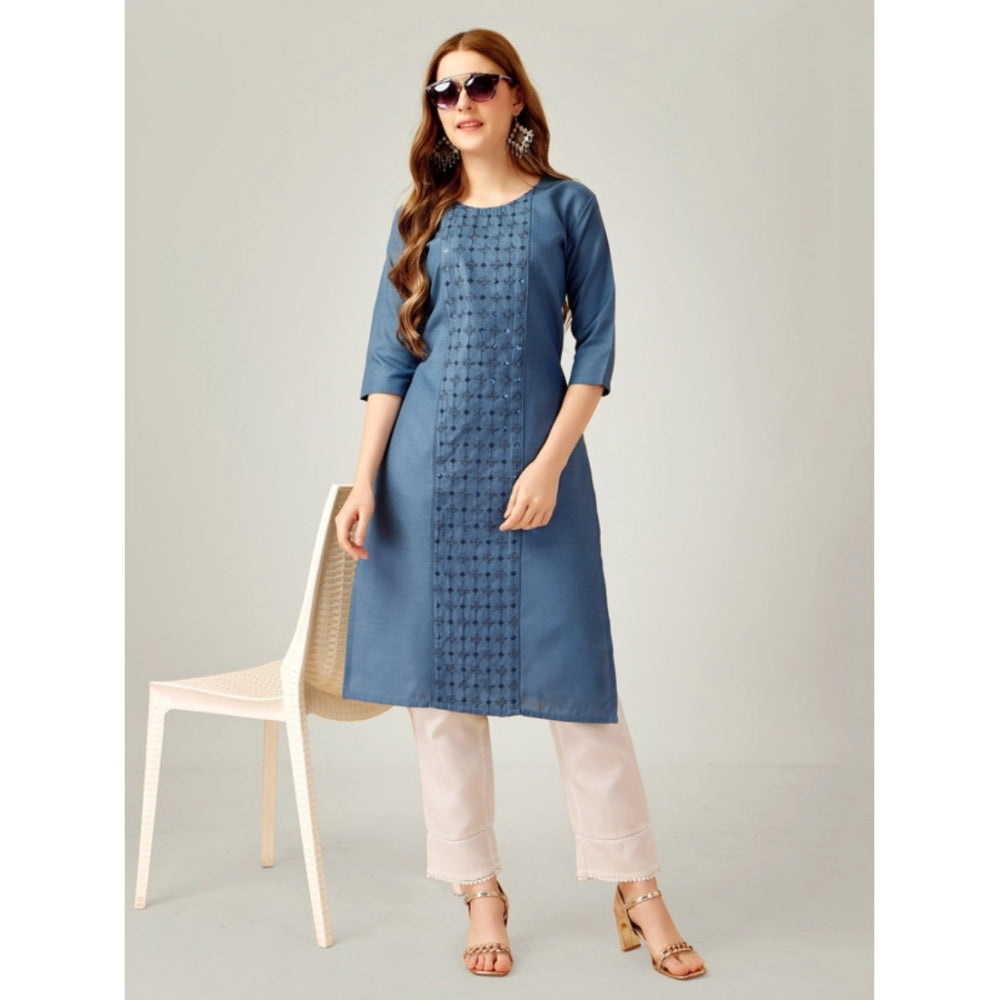 Women's Casual 3-4 th Sleeve Embroidery Cotton Kurti Pant Set (Light Blue)