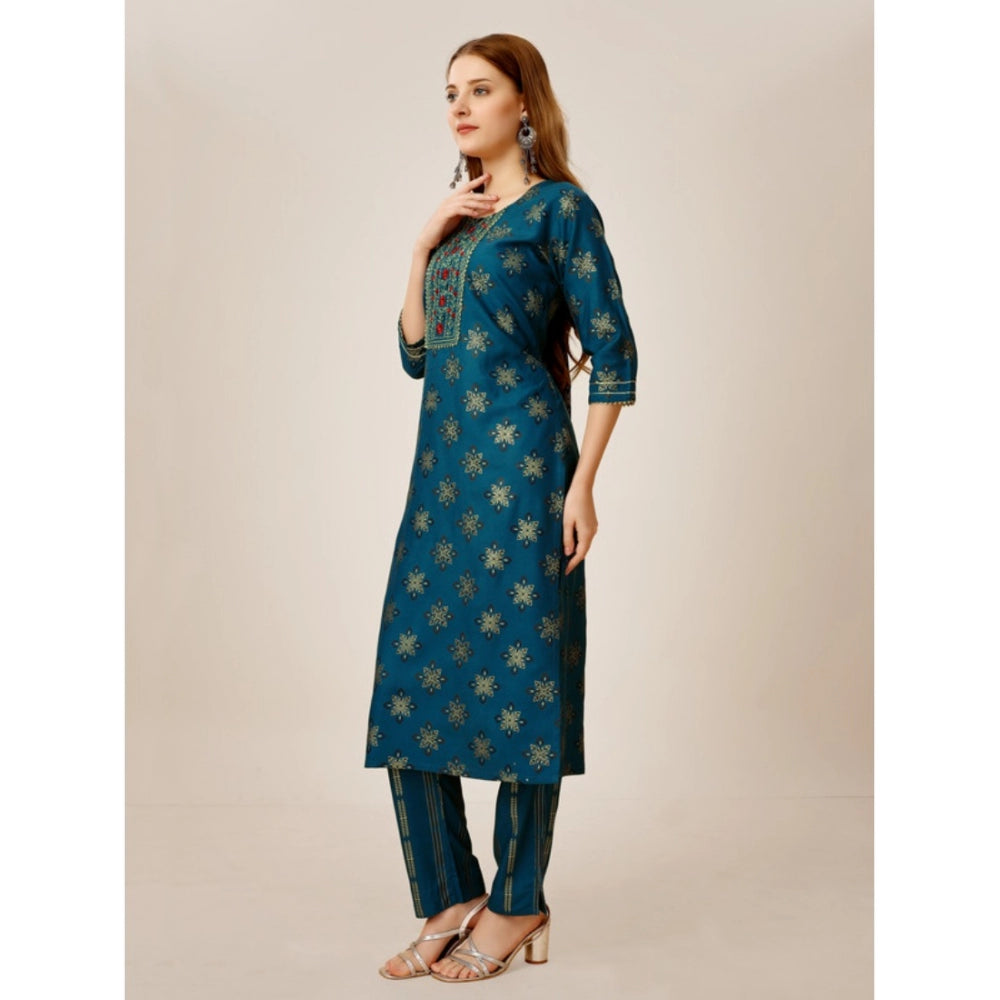 Women's Casual 3-4 th Sleeve Embroidery Rayon Kurti Pant Set (Blue)