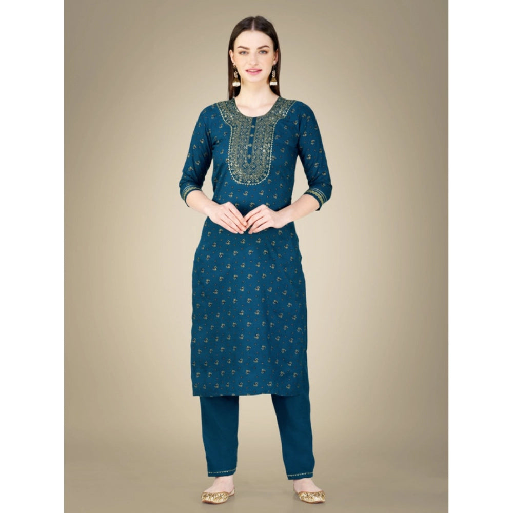 Women's Casual 3-4 th Sleeve Embroidery Cotton Kurti Pant Dupatta Set (Blue )