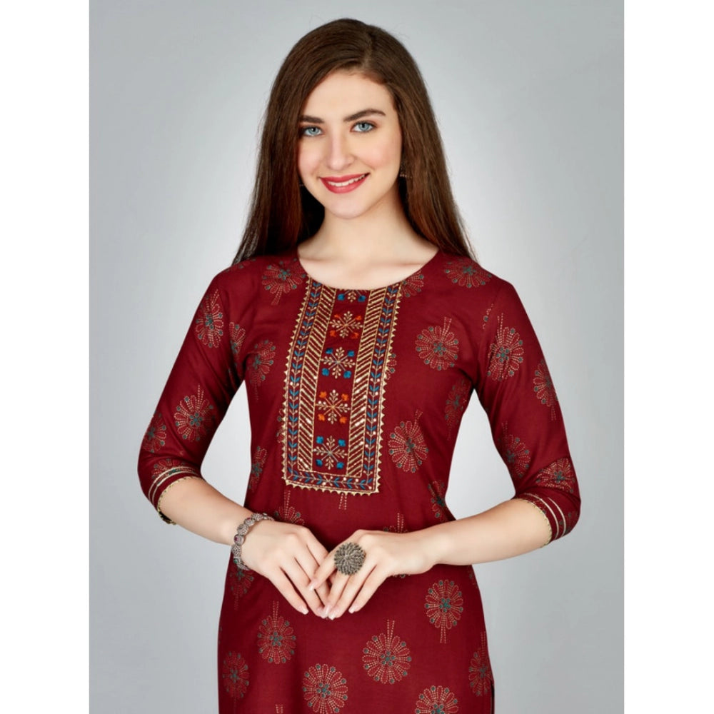 Women's Casual 3-4 th Sleeve Embroidery Rayon Kurti Pant Set (Maroon)