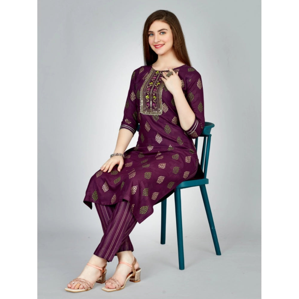 Women's Casual 3-4 th Sleeve Embroidery Rayon Kurti Pant Set (Purple)