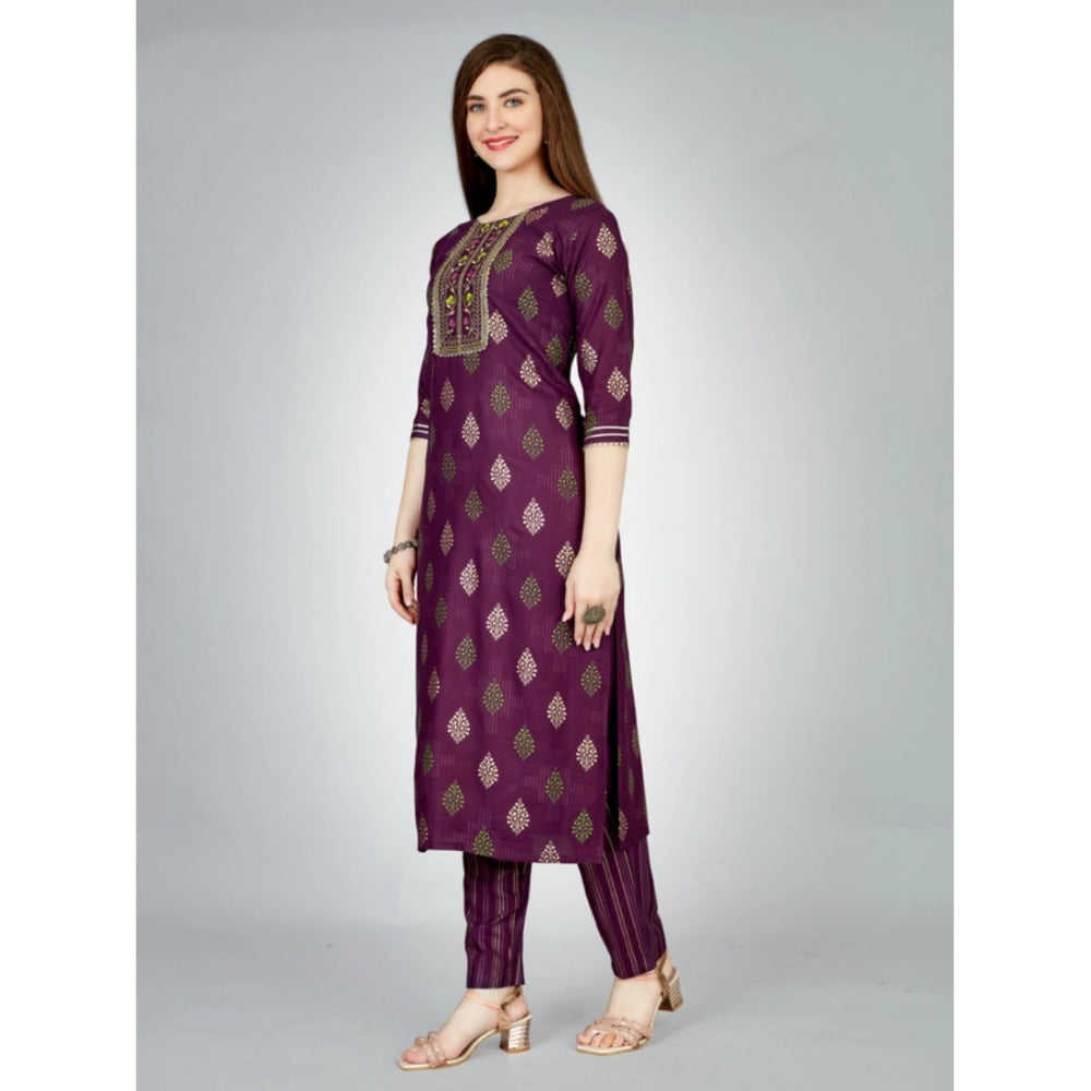 Women's Casual 3-4 th Sleeve Embroidery Rayon Kurti Pant Set (Purple)