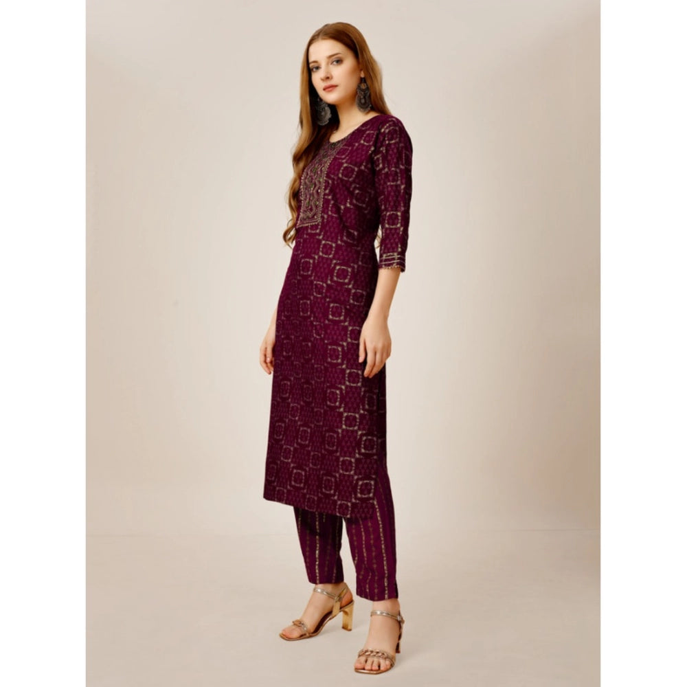 Women's Casual 3-4 th Sleeve Embroidery Rayon Kurti Pant Set (Purple)