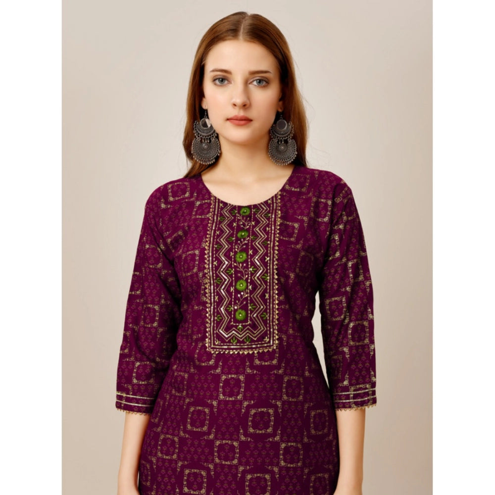 Women's Casual 3-4 th Sleeve Embroidery Rayon Kurti Pant Set (Purple)