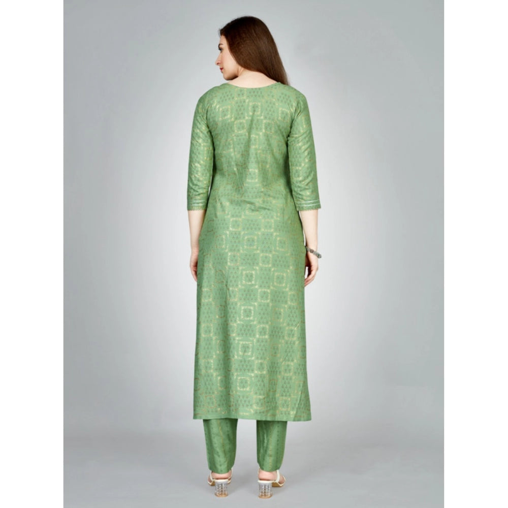 Women's Casual 3-4 th Sleeve Embroidery Rayon Kurti Pant Set (Light Green)