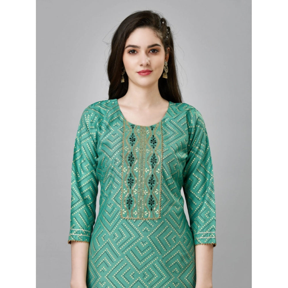 Women's Casual 3-4 th Sleeve Embroidery Rayon Kurti Pant Set (Green)