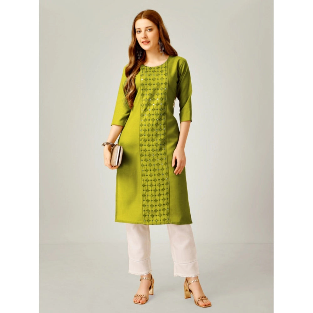 Women's Casual 3-4 th Sleeve Embroidery Cotton Kurti Pant Set (Green)