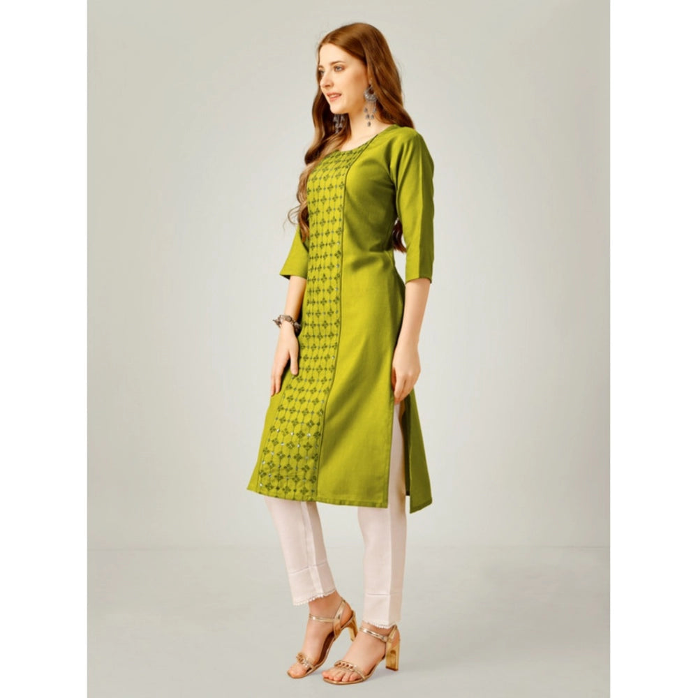 Women's Casual 3-4 th Sleeve Embroidery Cotton Kurti Pant Set (Green)