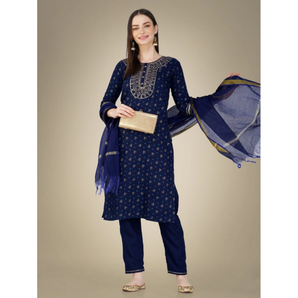 Women's Casual 3-4 th Sleeve Embroidery Cotton Kurti Pant Dupatta Set (Dark Blue)