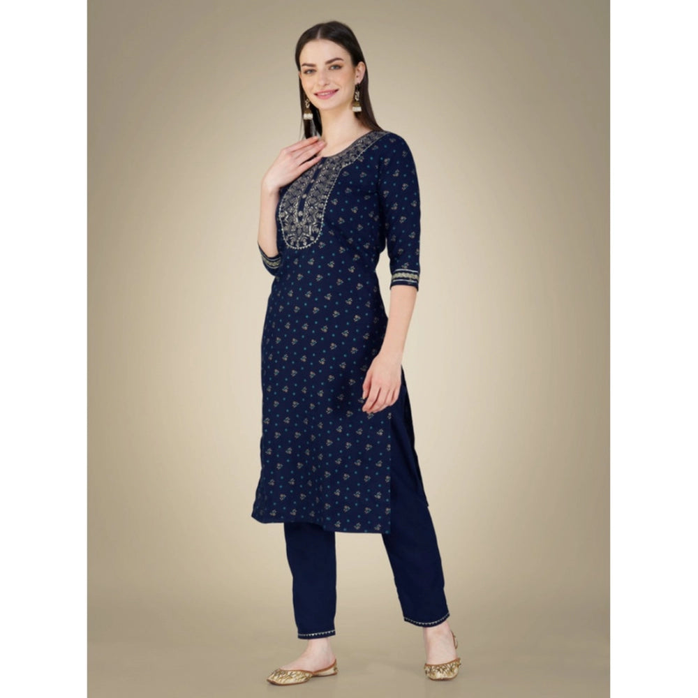 Women's Casual 3-4 th Sleeve Embroidery Cotton Kurti Pant Dupatta Set (Dark Blue)