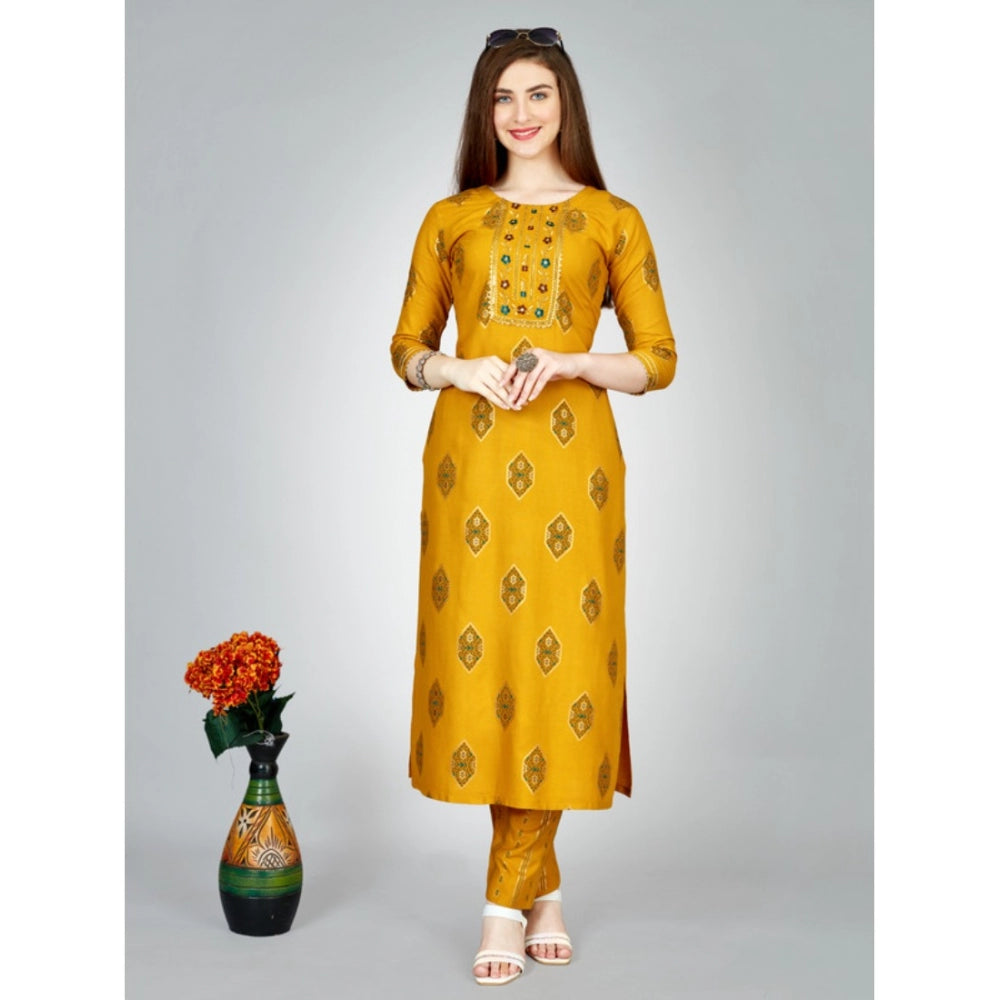 Women's Casual 3-4 th Sleeve Embroidery Rayon Kurti Pant Set (Yellow)