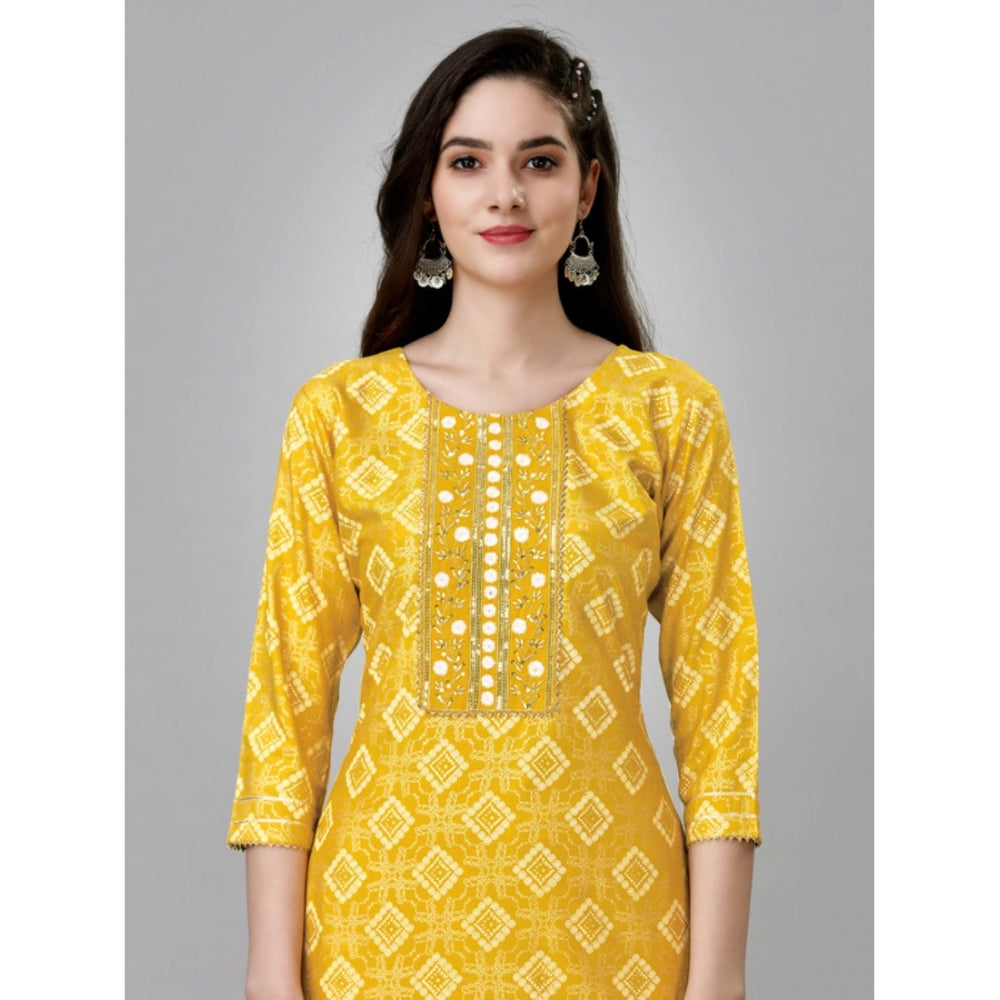 Women's Casual 3-4 th Sleeve Embroidery Rayon Kurti Pant Set (Yellow)