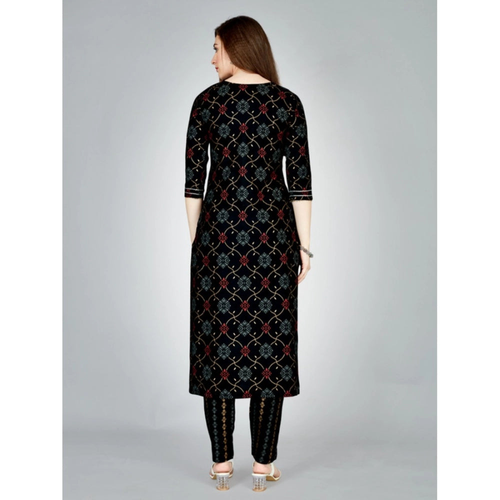 Women's Casual 3-4 th Sleeve Embroidery Rayon Kurti Pant Set (Black)