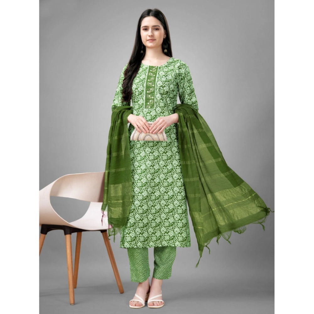 Women's Casual 3-4 th Sleeve Embroidery Rayon Kurti Pant Dupatta Set (Green)