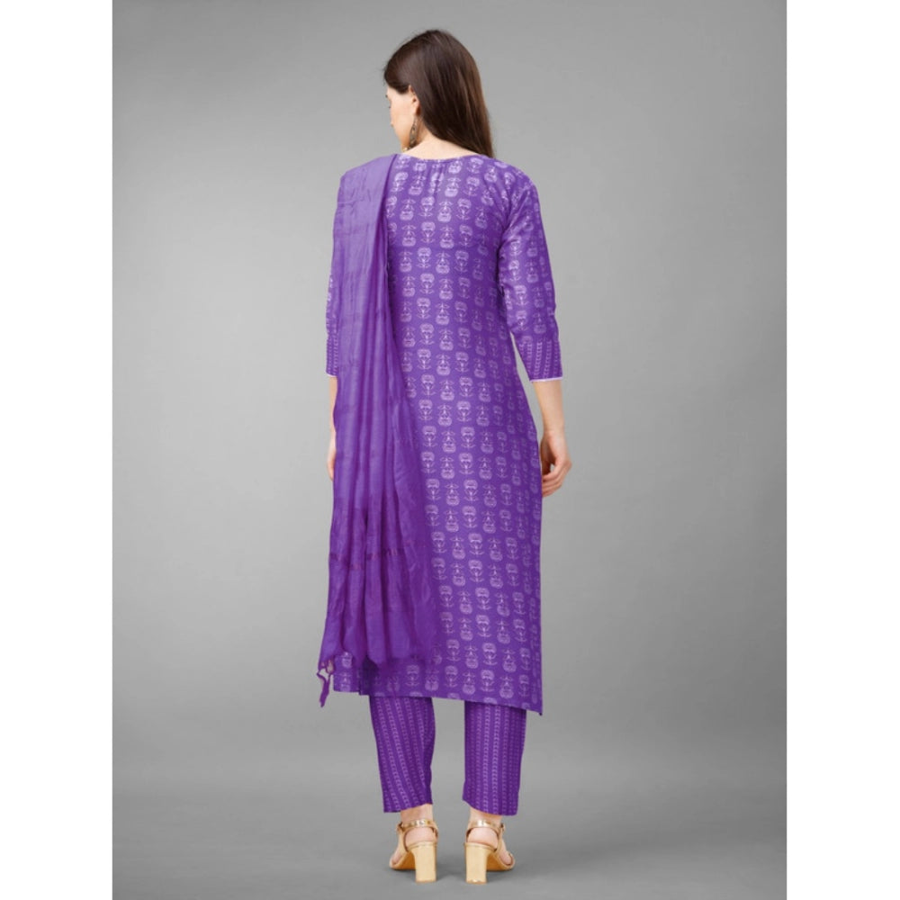 Women's Casual 3-4 th Sleeve Embroidery Rayon Kurti Pant Dupatta Set (Purple)