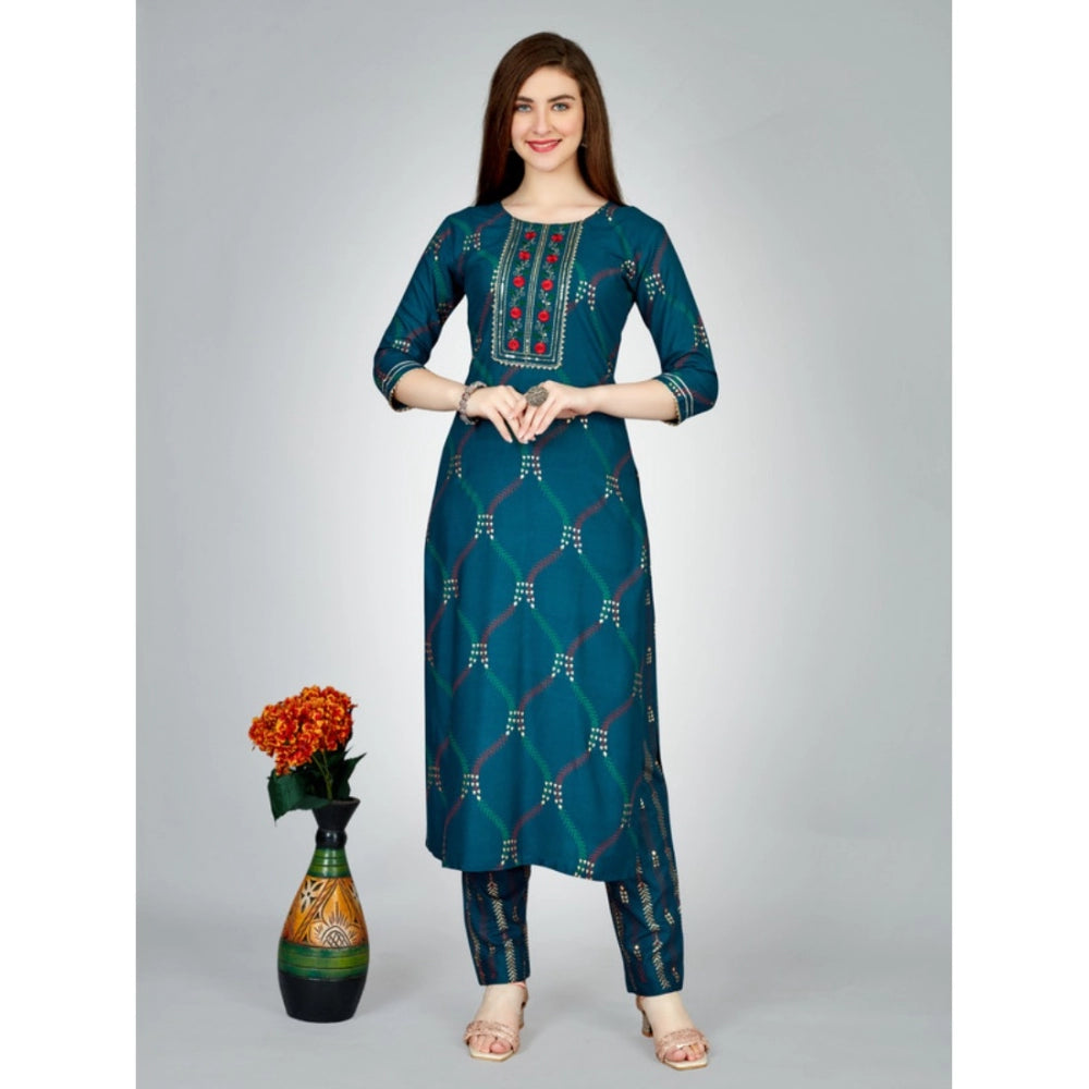 Women's Casual 3-4 th Sleeve Embroidery Rayon Kurti Pant Set (Dark Blue)