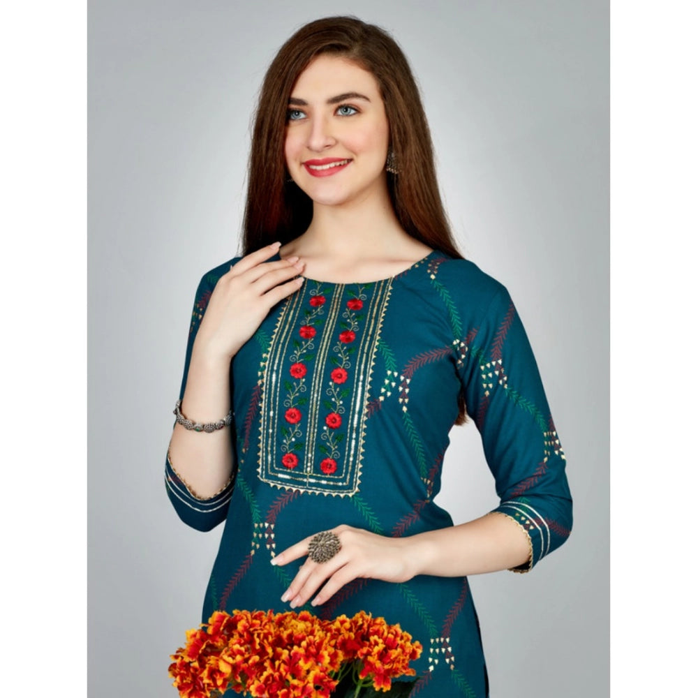 Women's Casual 3-4 th Sleeve Embroidery Rayon Kurti Pant Set (Dark Blue)