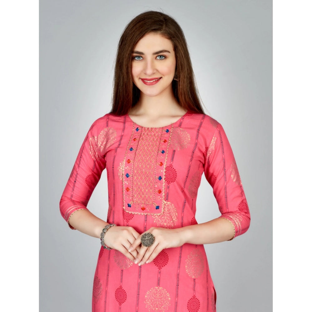 Women's Casual 3-4 th Sleeve Embroidery Rayon Kurti Pant Set (Pink)