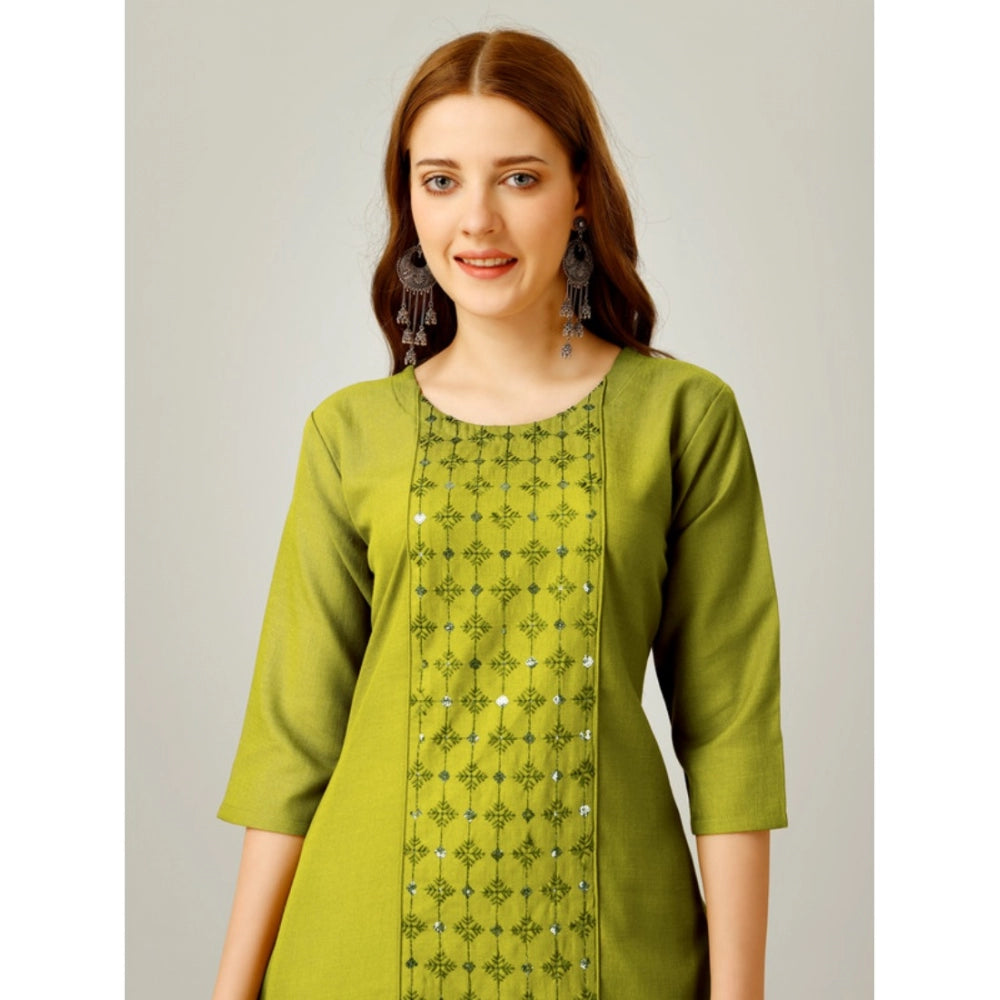 Women's Casual 3-4 th Sleeve Embroidery Cotton Kurti Pant Set (Green)